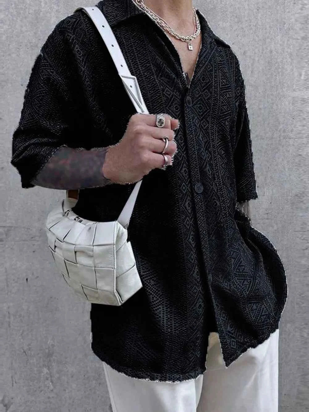 Men's Full Size Lace Half Sleeve Button Down Shirt Plus Size - Damned Threads